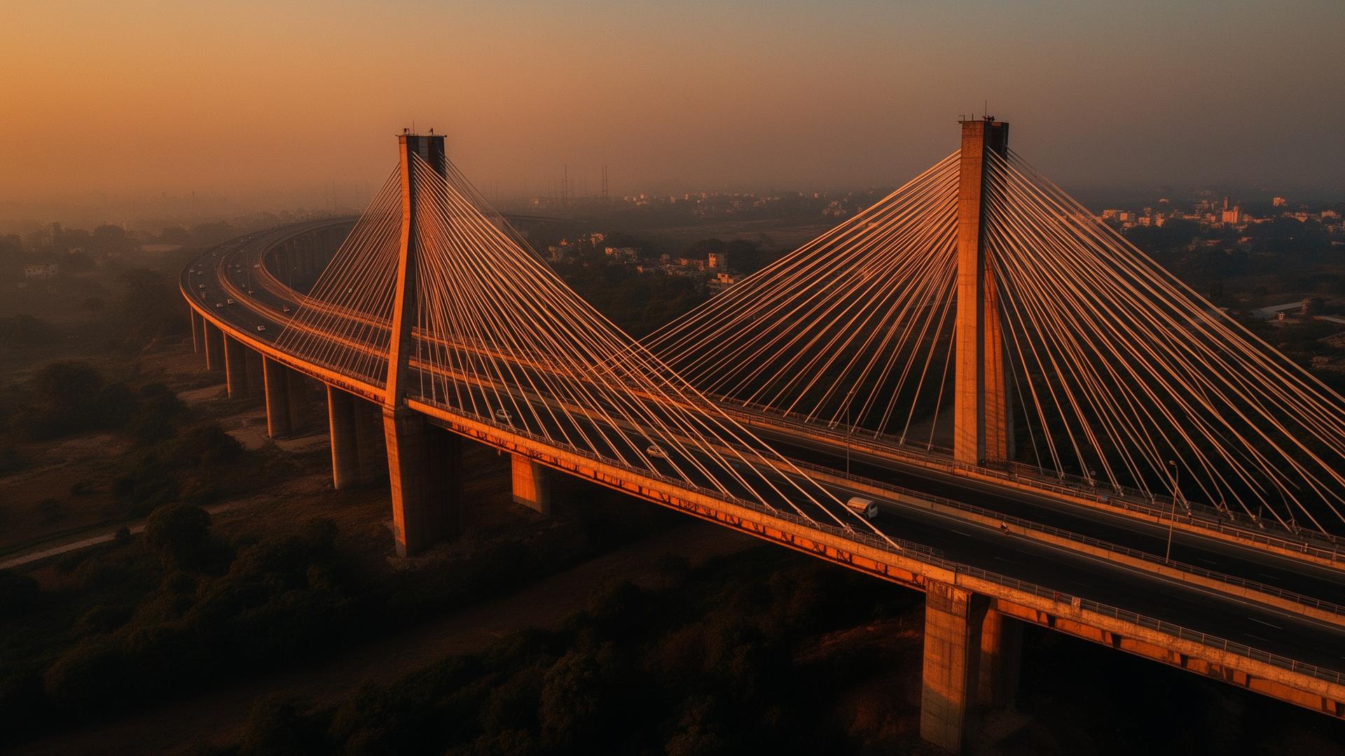 Aerial view of FR Infrastructure cable-stayed bridge at golden hour